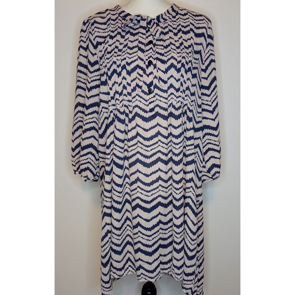 Reborn Navy Cream Chevron Zig-Zag Tie Neck Pleated Tunic Shift Dress L
